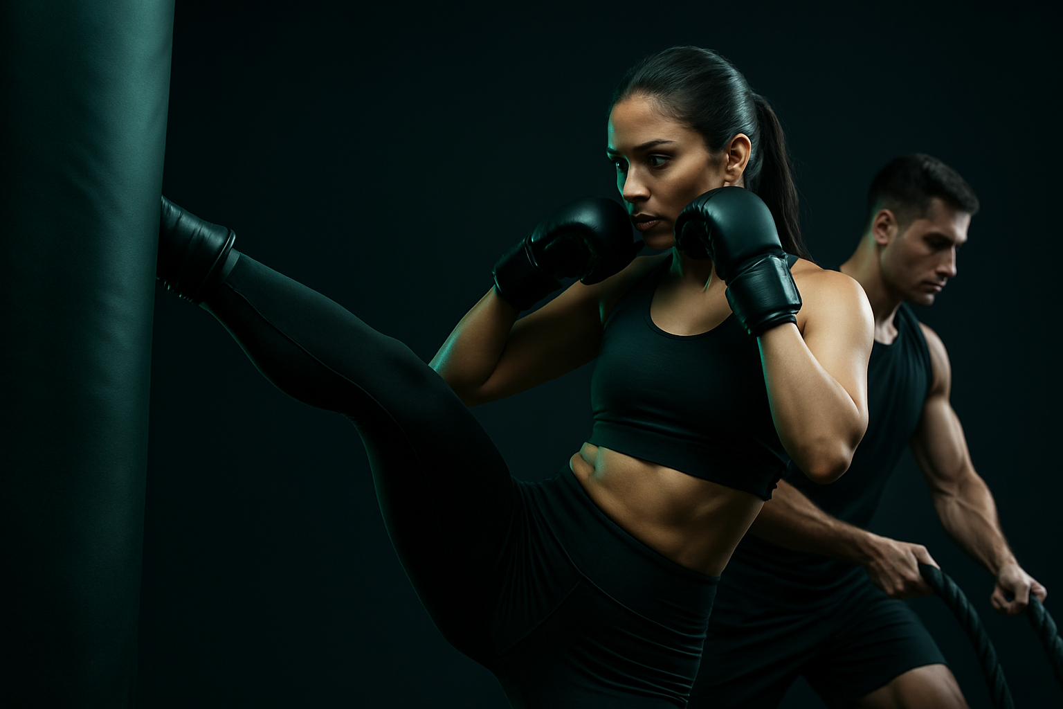 Entrenadores profesionales en acción - Mujer boxeando y hombre entrenando